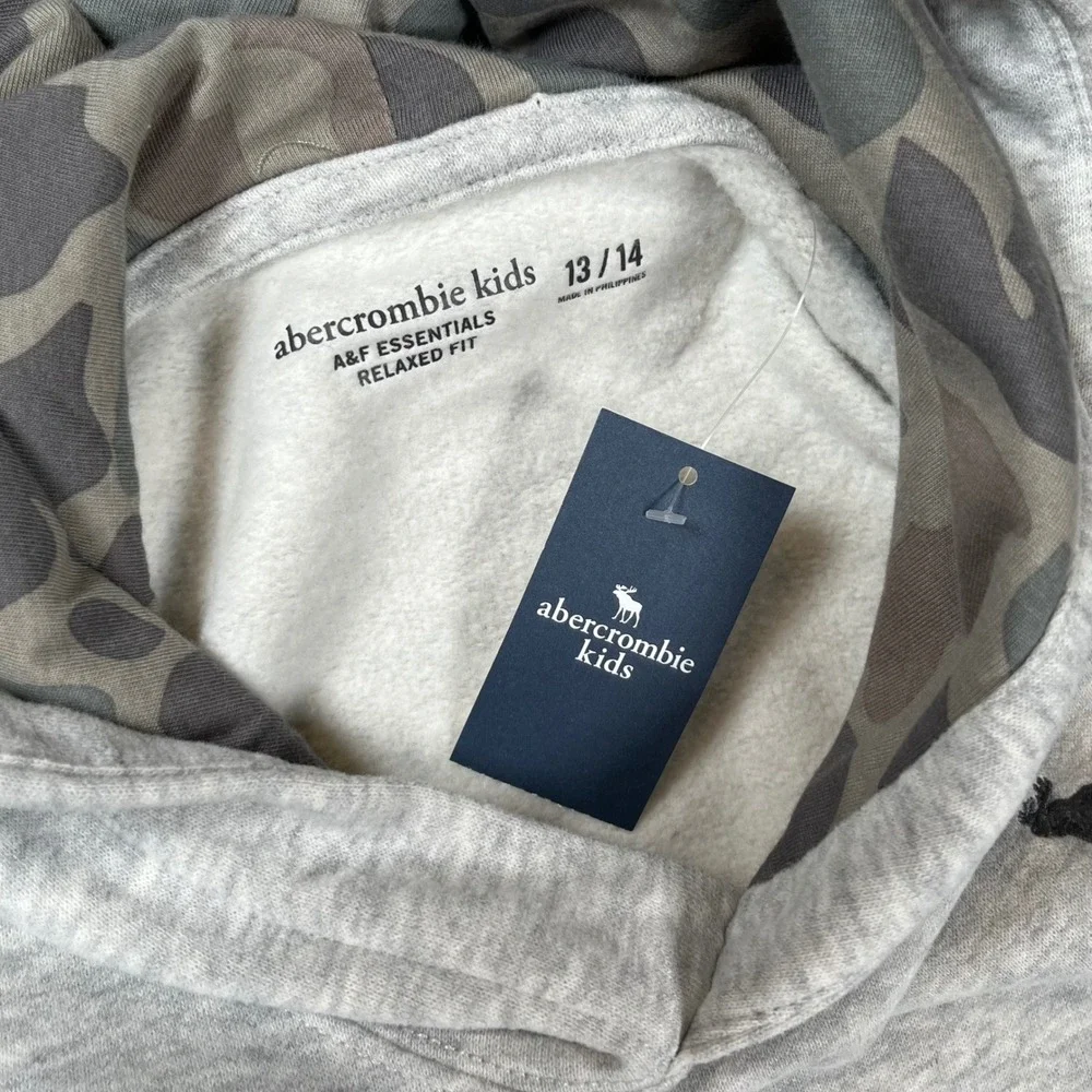 New Abercrombie Kids Hoodie Kids 13/14 Grey Camo Lined Relaxed Fit Pullover NWT